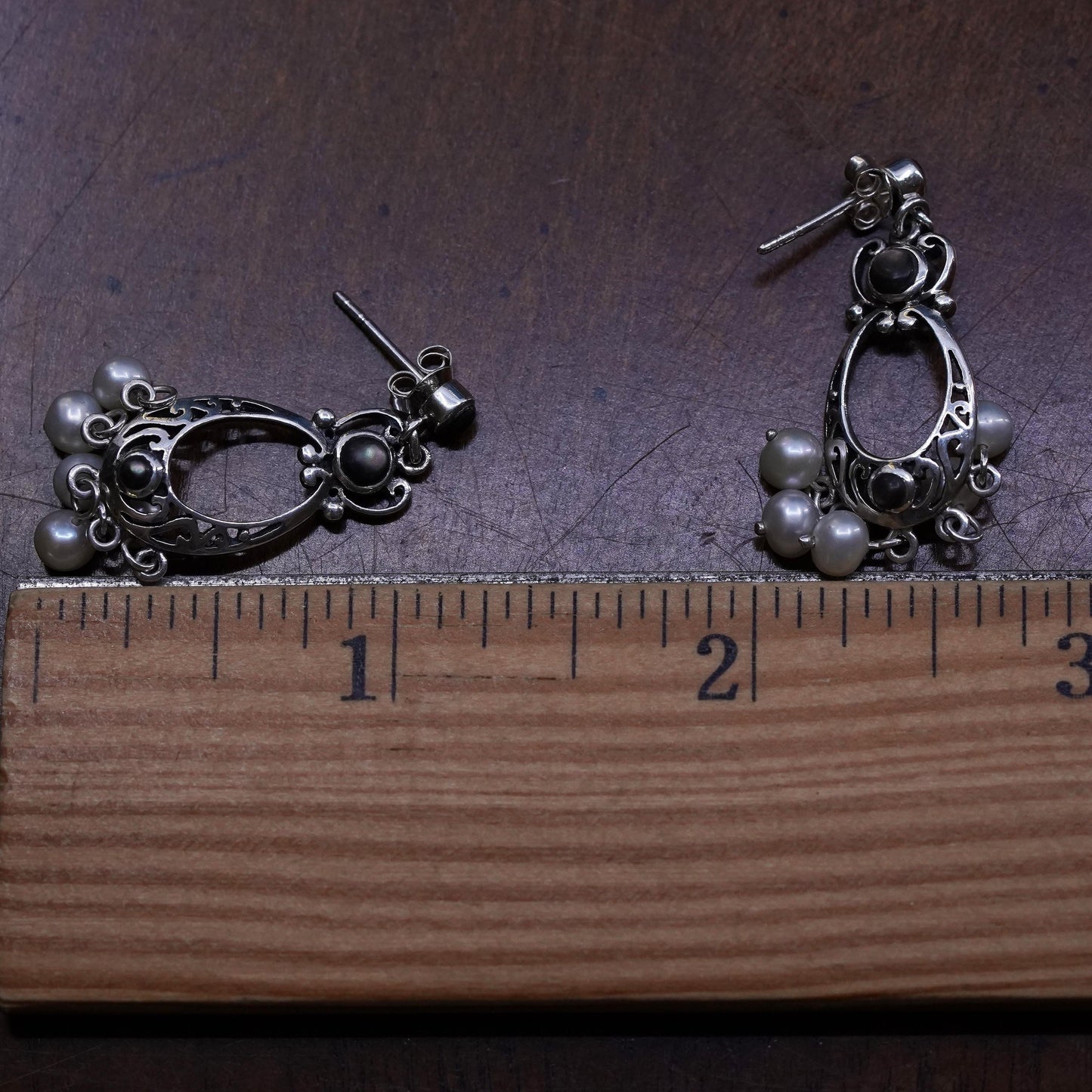 VTG Sterling silver handmade earrings, 925 filigree drops cluster pearl beads