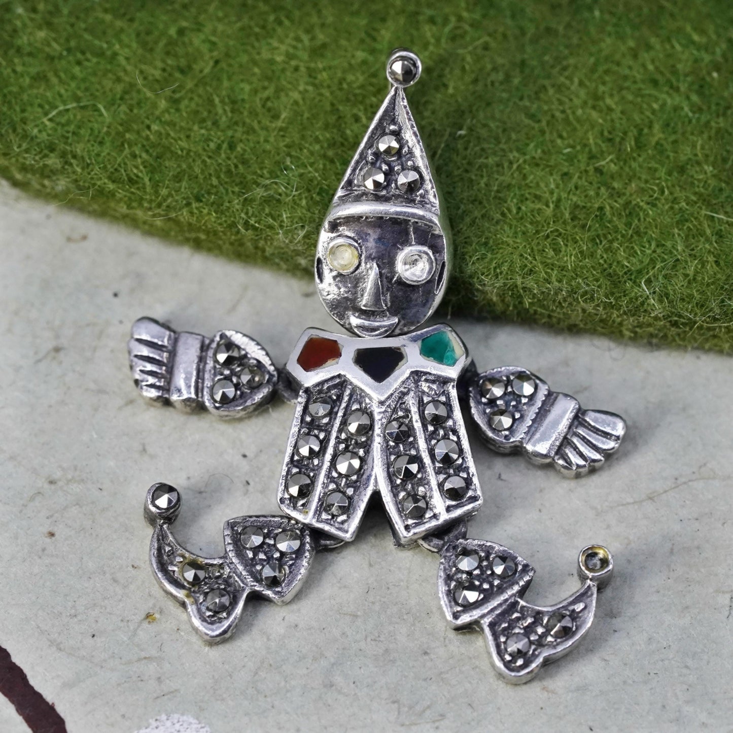 sterling silver handmade pendant, 925 clown charm movable joints marcasite