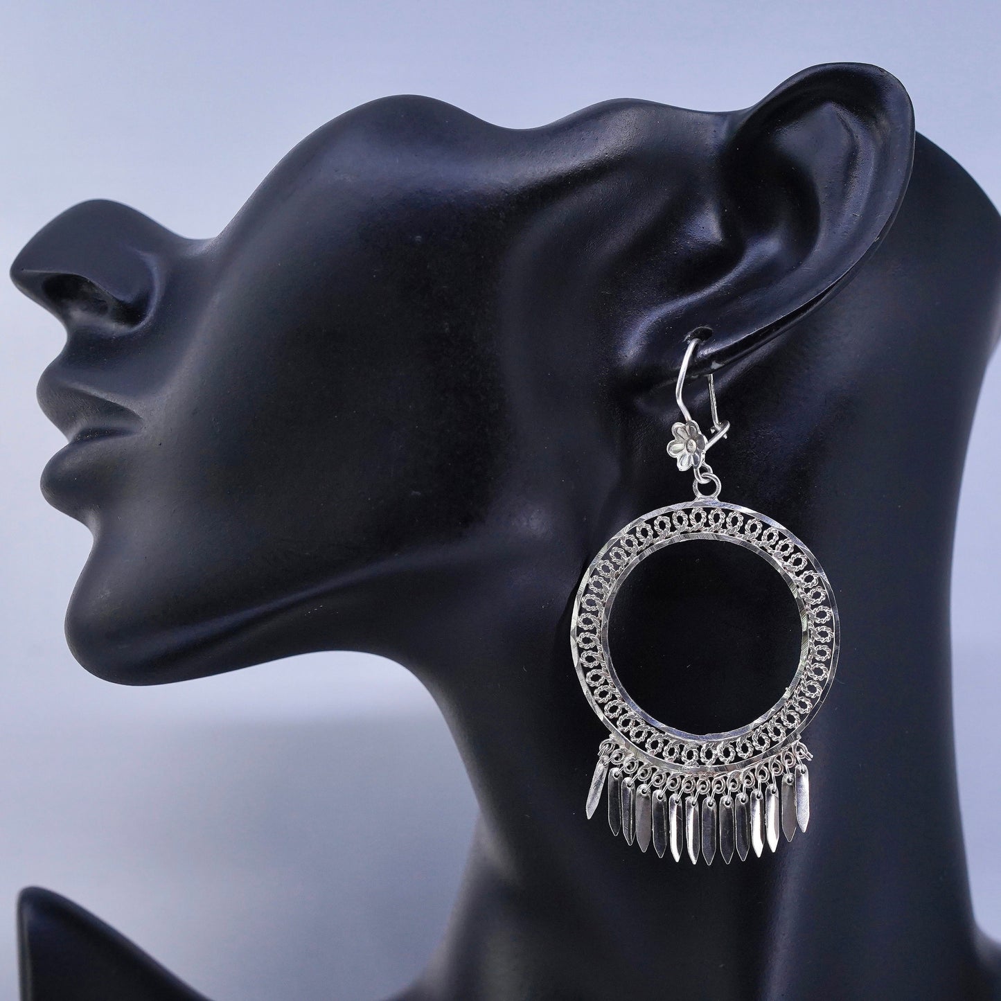 Vintage Sterling 925 silver filigree circle earrings with fringe dangles