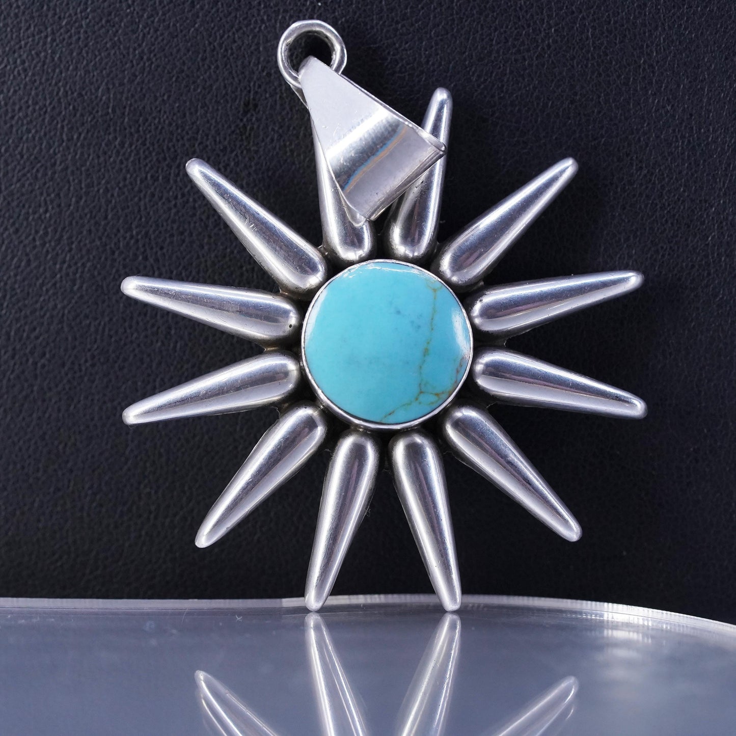 Vintage southwestern Mexican sterling 925 silver sun pendant with turquoise