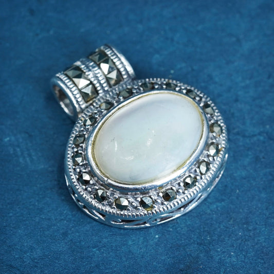 sterling 925 silver handmade pendant with oval mother of pearl and marcasite