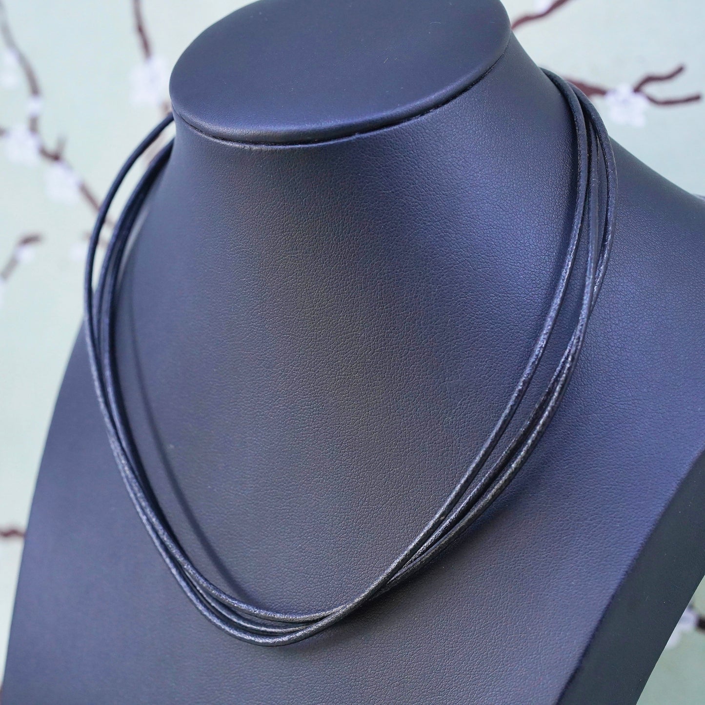 16+2”, vintage Triple Strand Multi black Leather Necklace Sterling 925 Silver