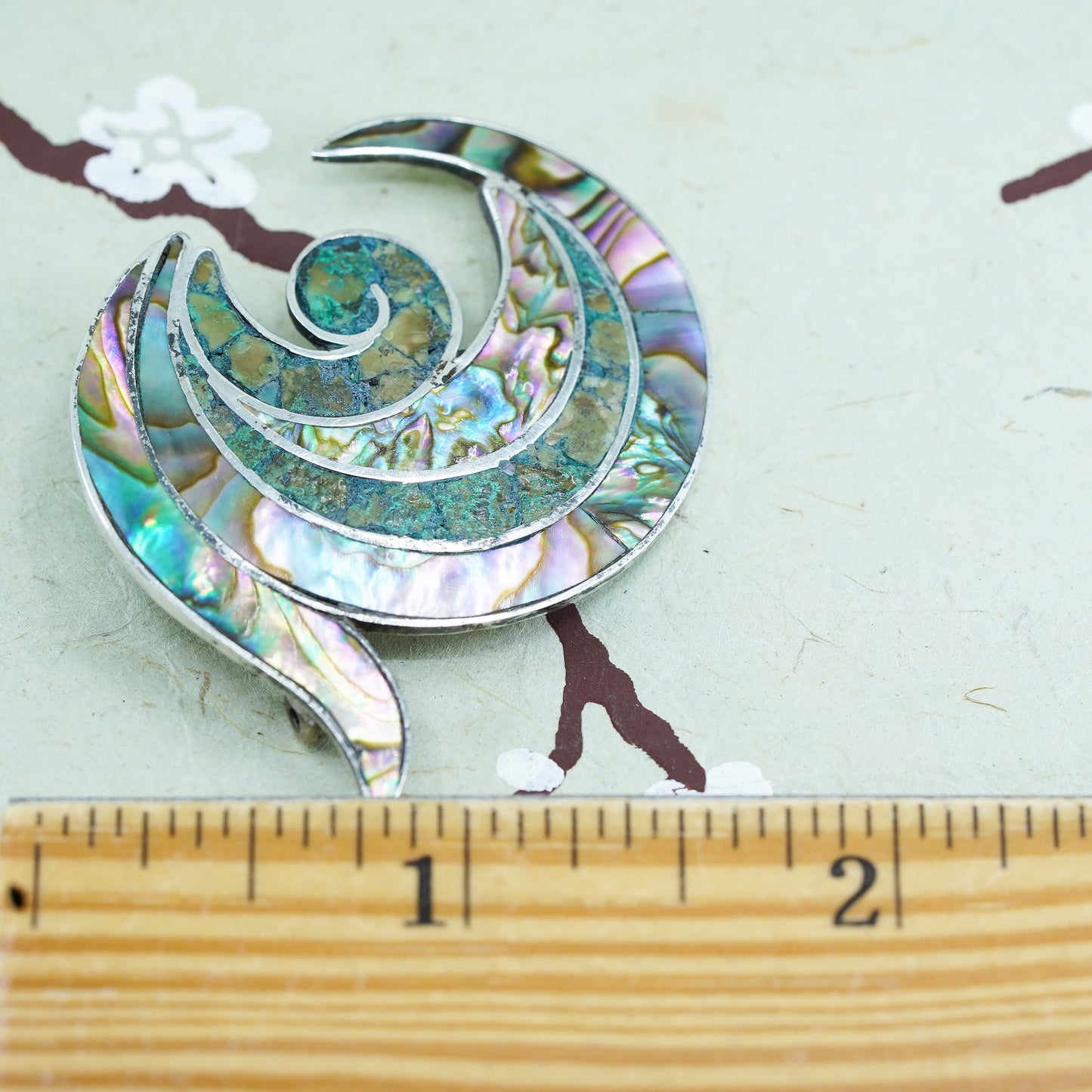 Sterling Silver 925 Diaz Santoyo Signed Aztec Design Brooch with abalone inlay