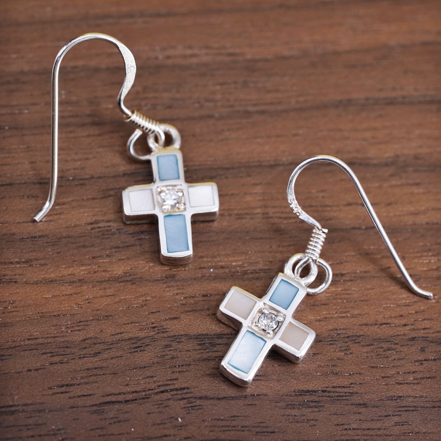 VTG Sterling silver earrings, Thailand 925 silver cross with mother of pearl