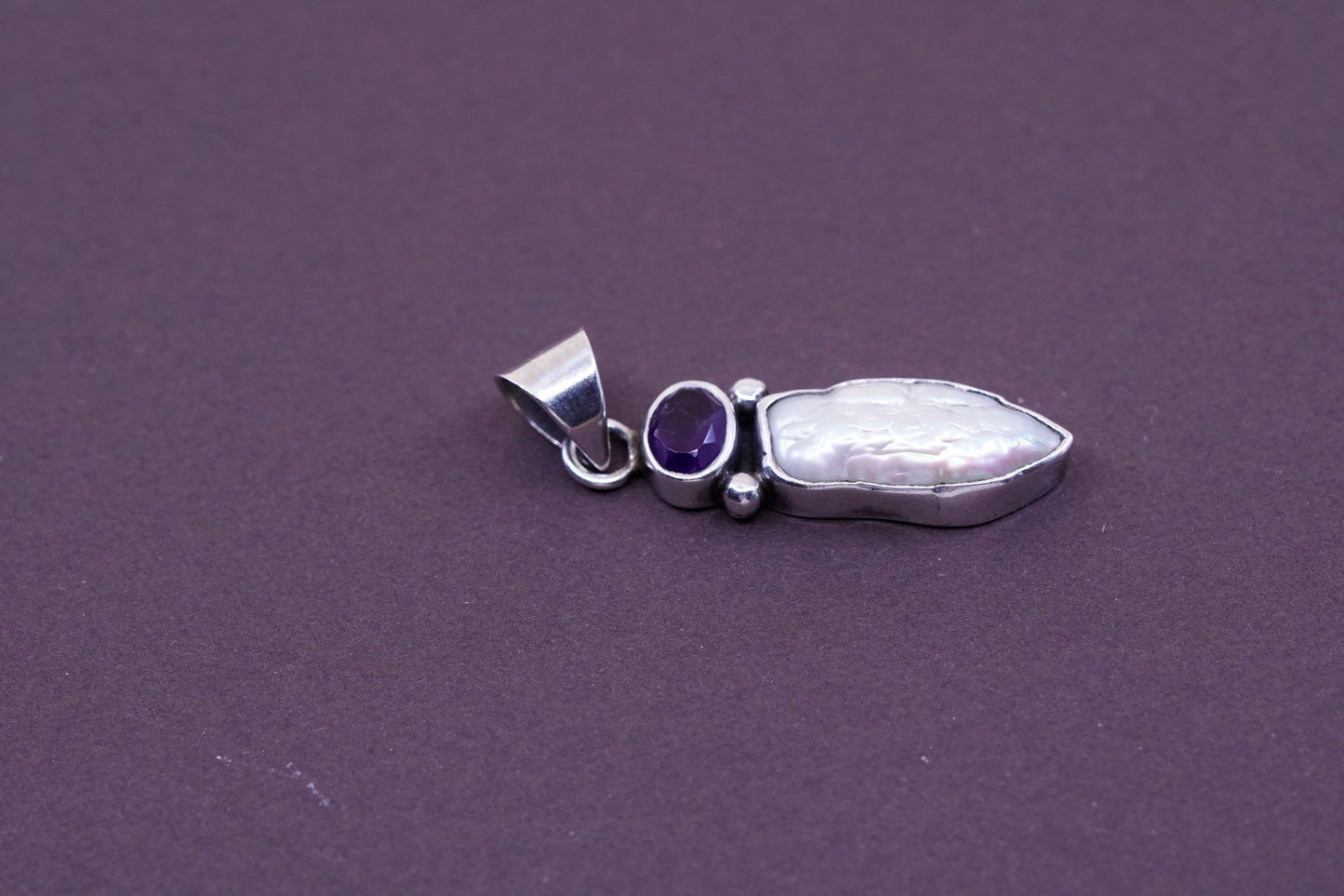 vtg Sterling silver handmade pendant, 925 slide pendant with amethyst and pearl