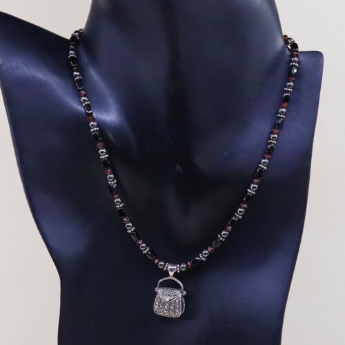 15", Vtg sterling 925 silver necklace W/ Marcasite Handbag Locket Obsidian Beads