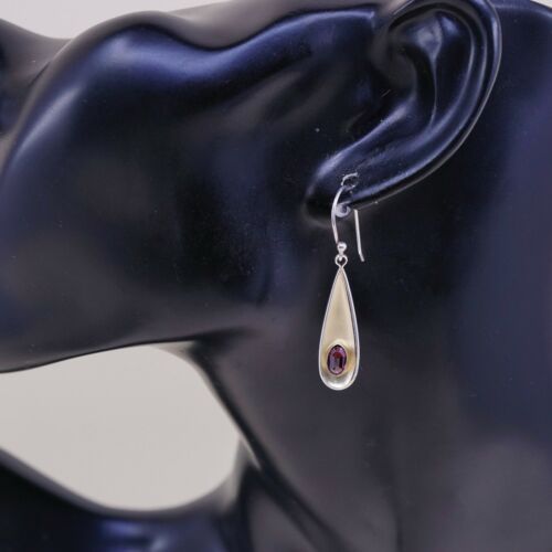 Vtg two tone Sterling Silver Teardrop Earrings, Southwestern 925 dangles W/ Ruby