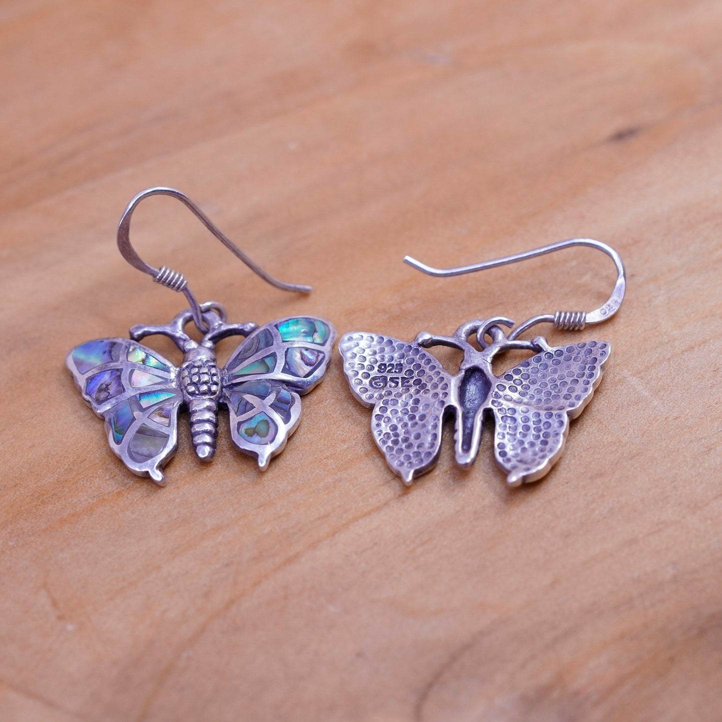 Vintage Sterling 925 silver handmade earrings with butterfly abalone