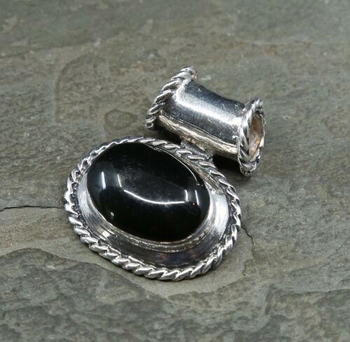 Vtg Sterling Silver Handmade Pendant solid 925 silver w/ Obsidian, stamped 925