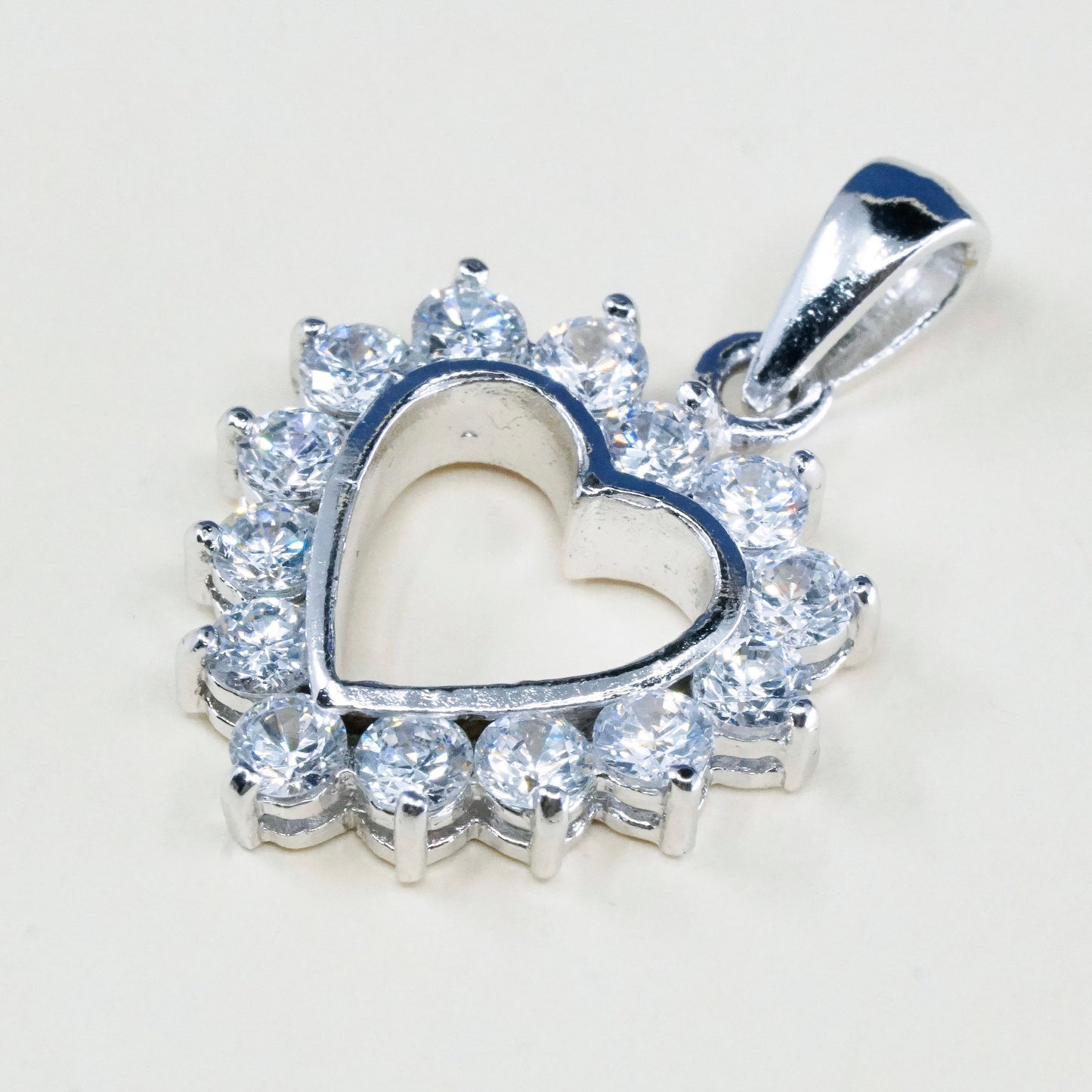 vtg sterling 925 silver heart pendant with cluster clear Cz around