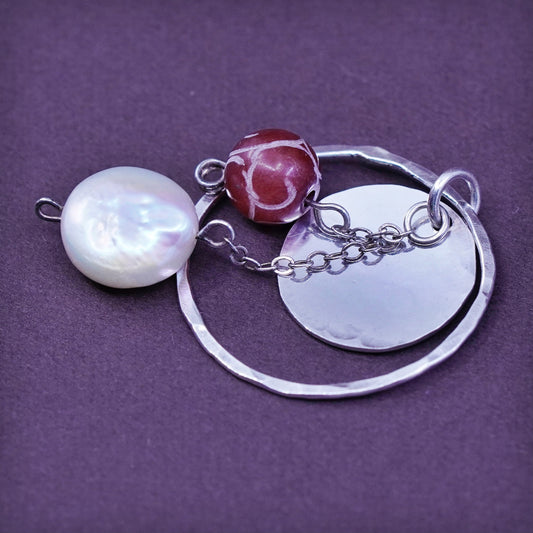 Sterling silver handmade pendant, 925 hammered circle with coin pearl