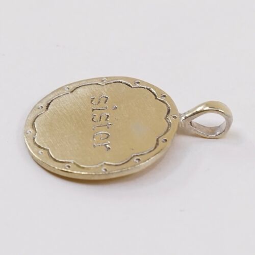 Vermeil Gold sterling silver handmade pendant, 925 Tag charm Embossed Sister