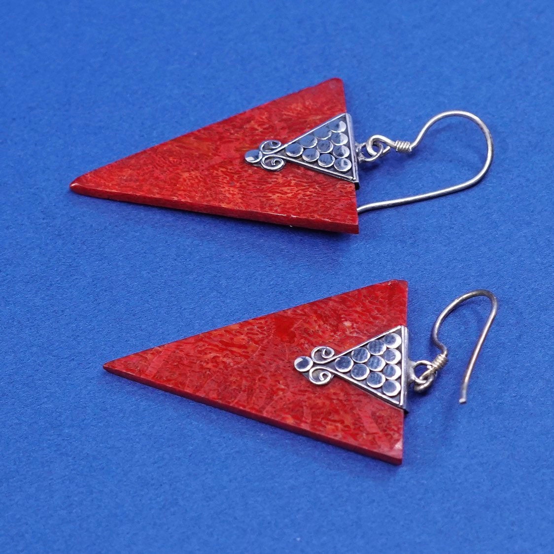 vtg Sterling silver handmade earrings, 925 hooks w/ red coral Dangles