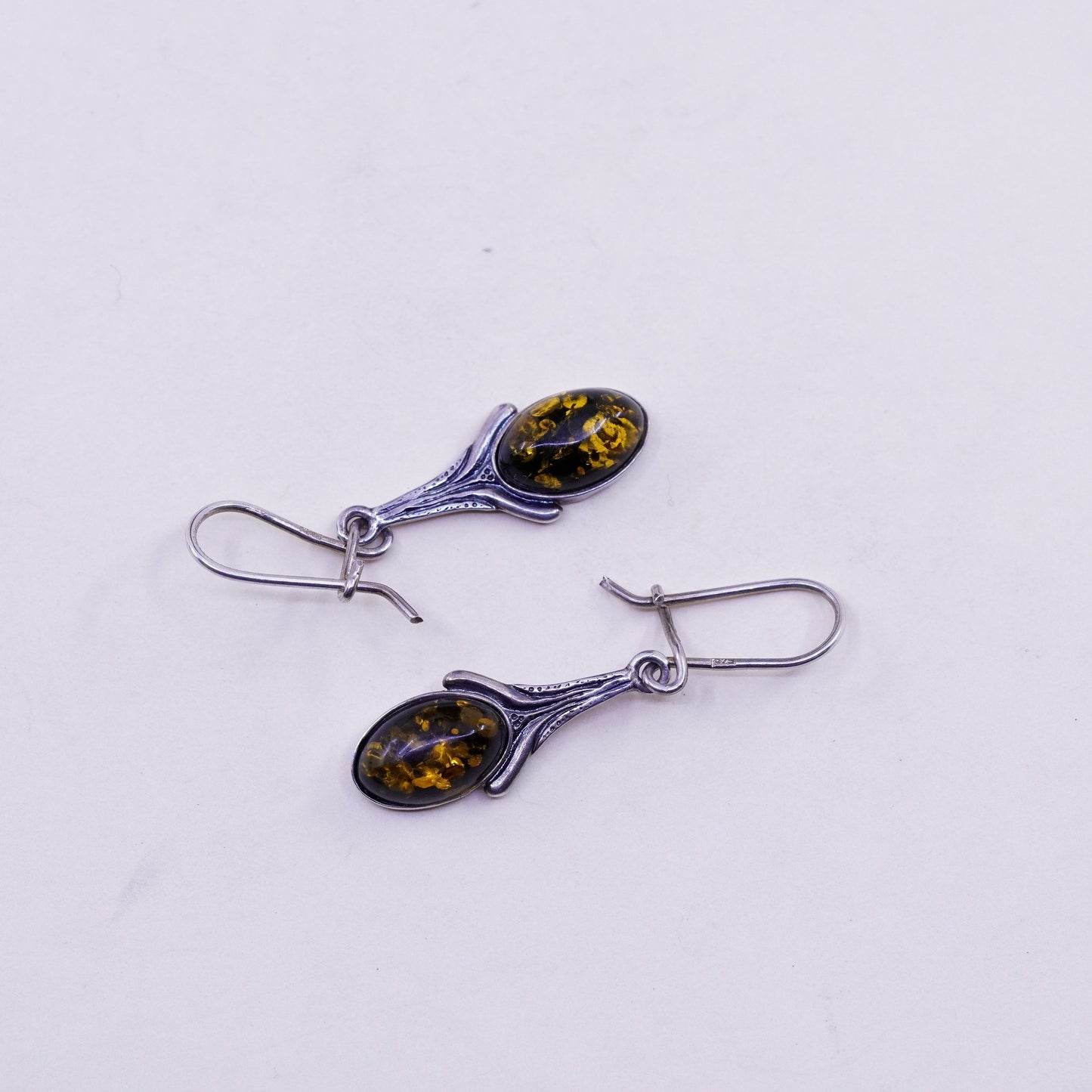 Vintage sterling 925 silver handmade earrings with oval Amber