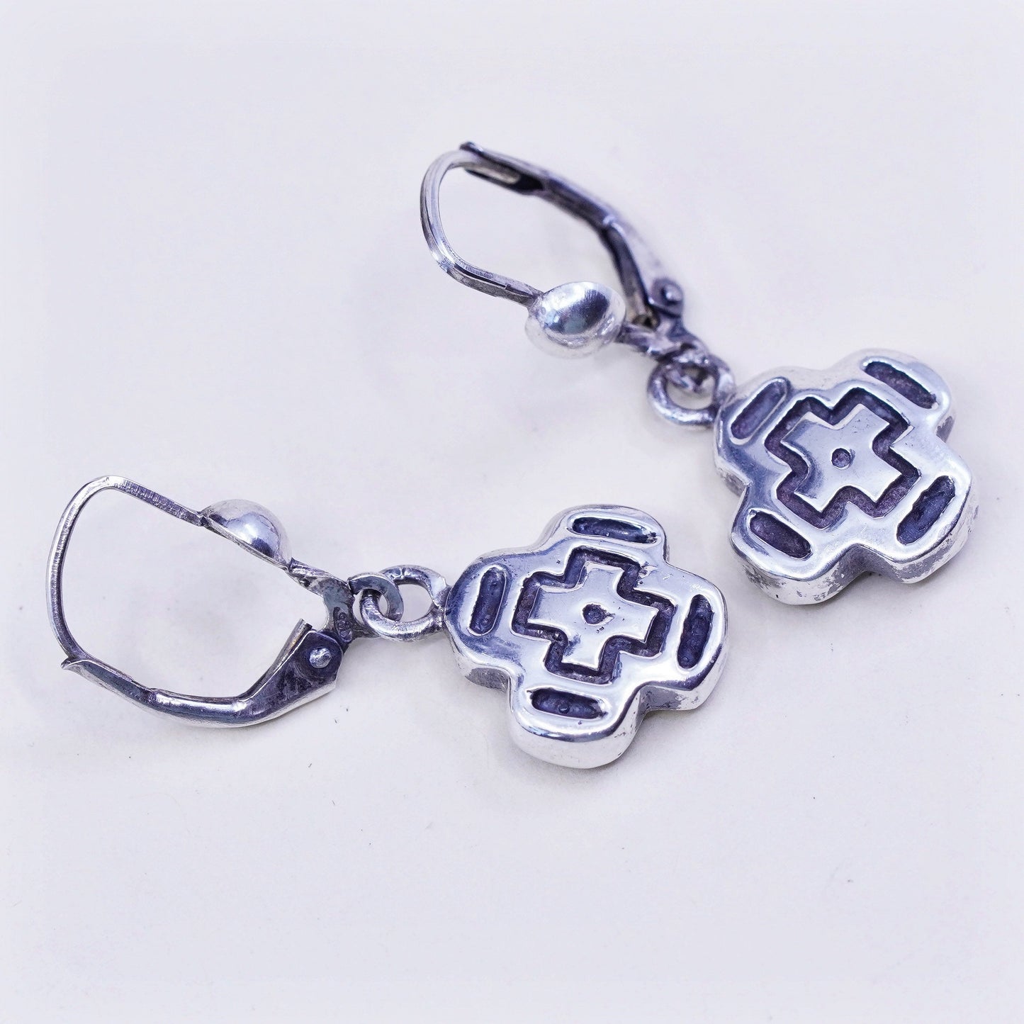 Vintage Sterling silver handmade earrings, JM cute 925 cross dangles