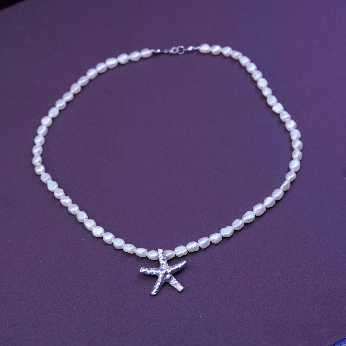 16”, Sterling silver handmade necklace, 925 starfish with 5mm freshwater pearl