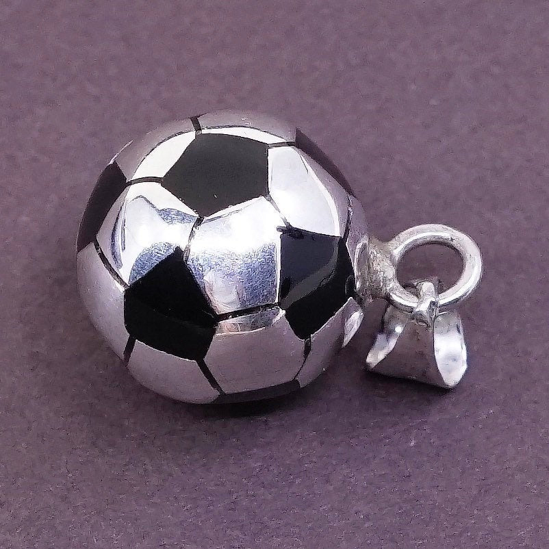 VTG Sterling silver handmade pendant, Mexican 925 soccer, football w/ onyx