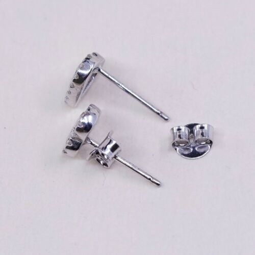 Vtg Sterling silver Handmade Earrings, 925 heart Studs W/ Cz Arond, Stamped 925