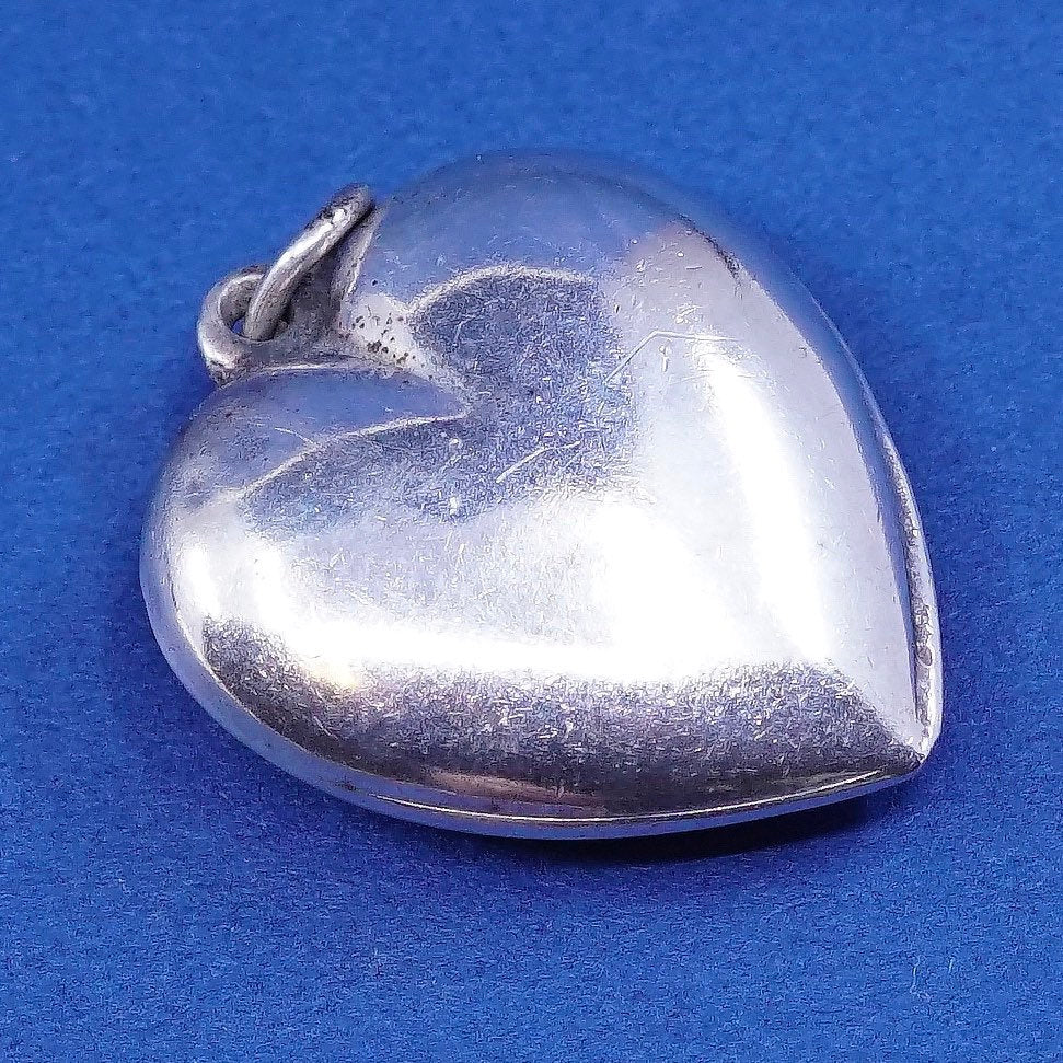 vtg Sterling silver handmade pendant, puffy 925 heart, silver tested