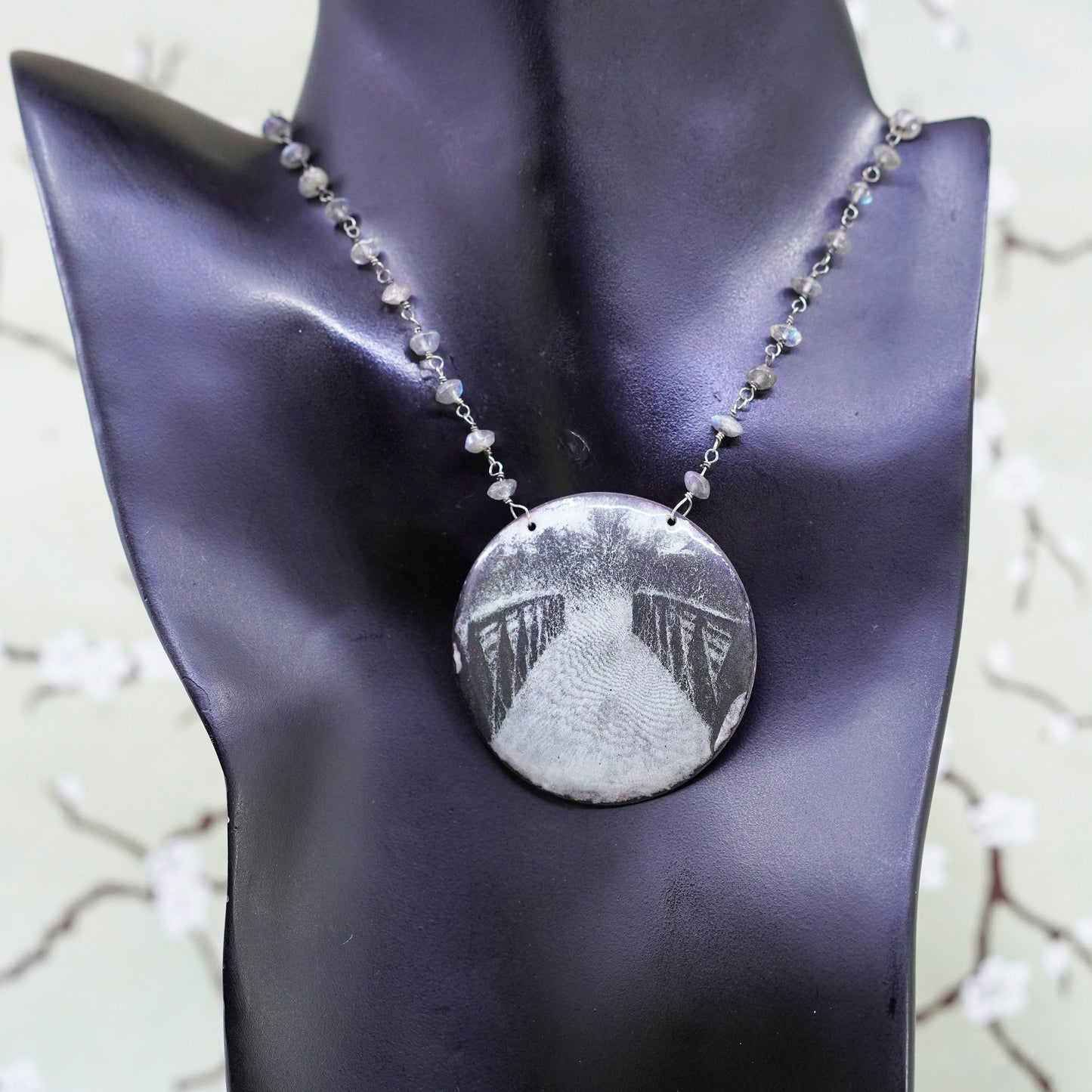 16”, sterling 925 silver handmade necklace, bridge photo pendant moonstone bead