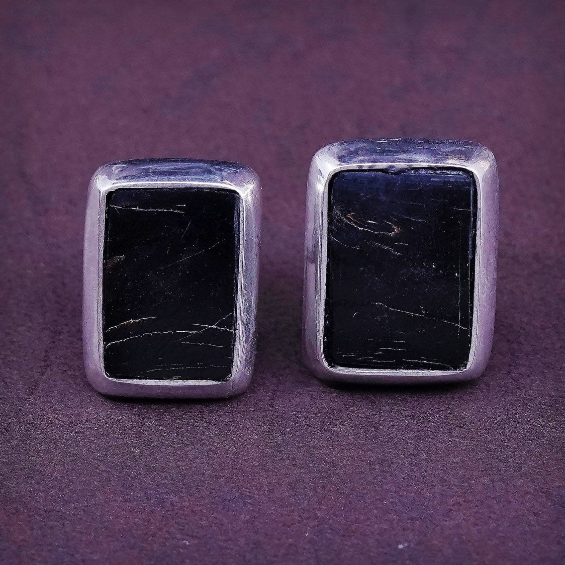 vtg Sterling silver handmade earrings, 925 w/ square unpolished obsidian studs