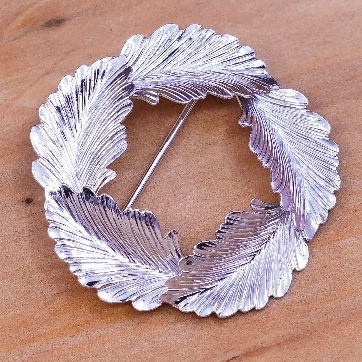 Vintage beau handmade sterling 925 silver leaf circle brooch, stamped sterling Beau