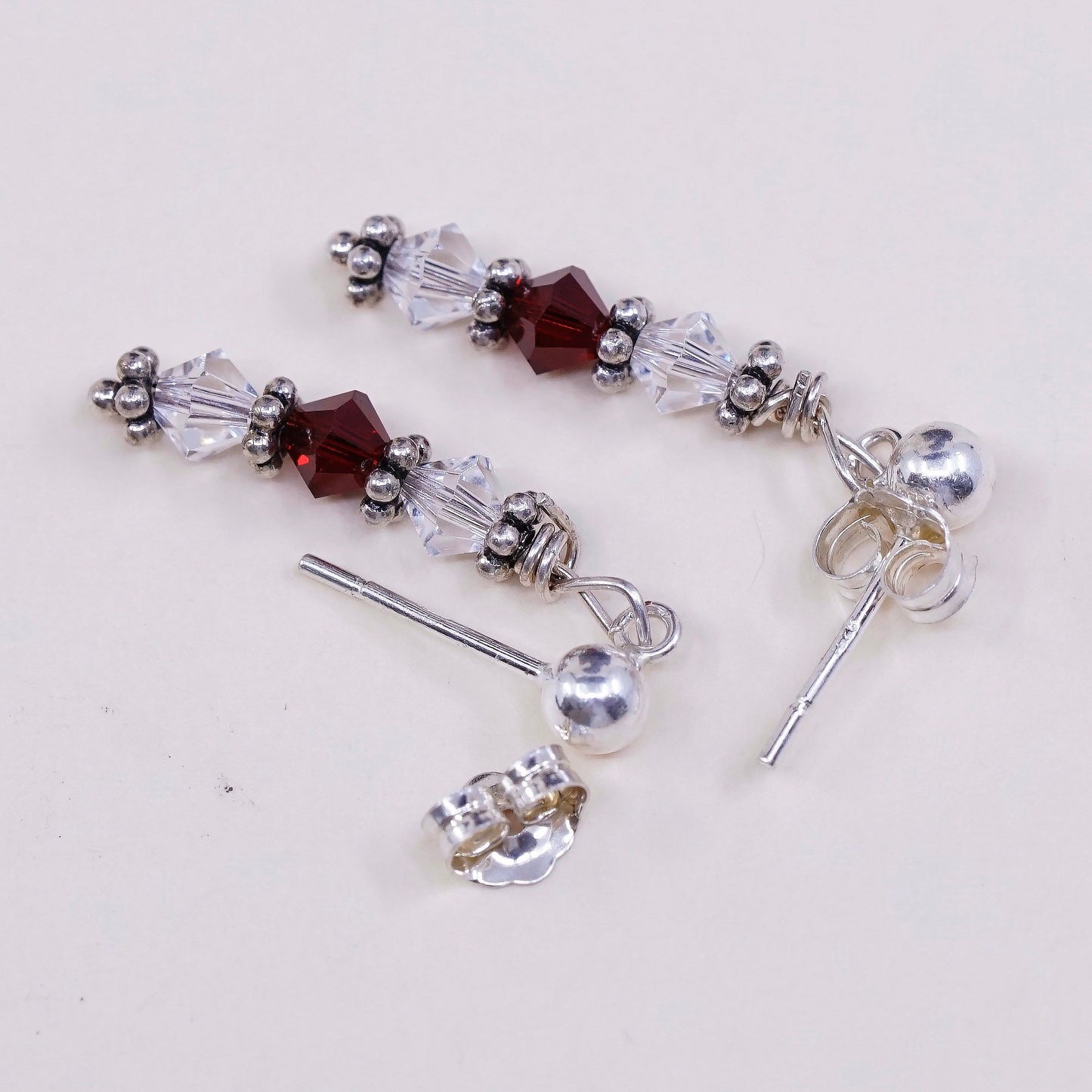 vtg Sterling silver handmade earrings, 925 w/ red Crystal beads, stamped 925