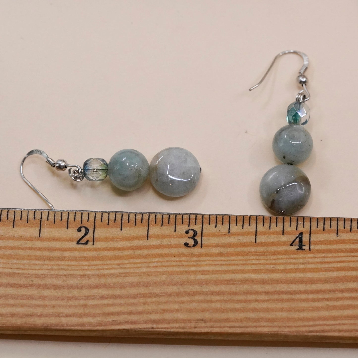 Vintage sterling silver handmade earrings, 925 hooks with jade and topaz beads