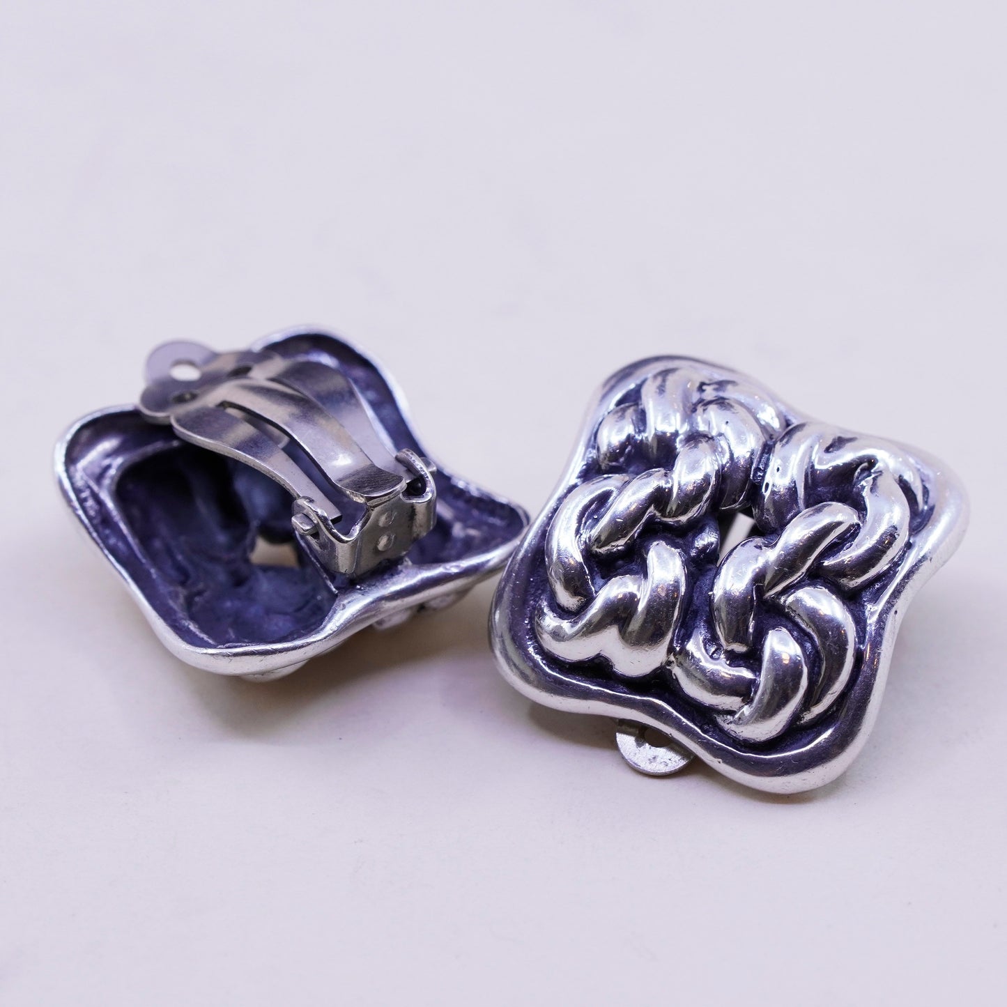 Vintage Sterling silver clip on earrings, cable textured 925 silver