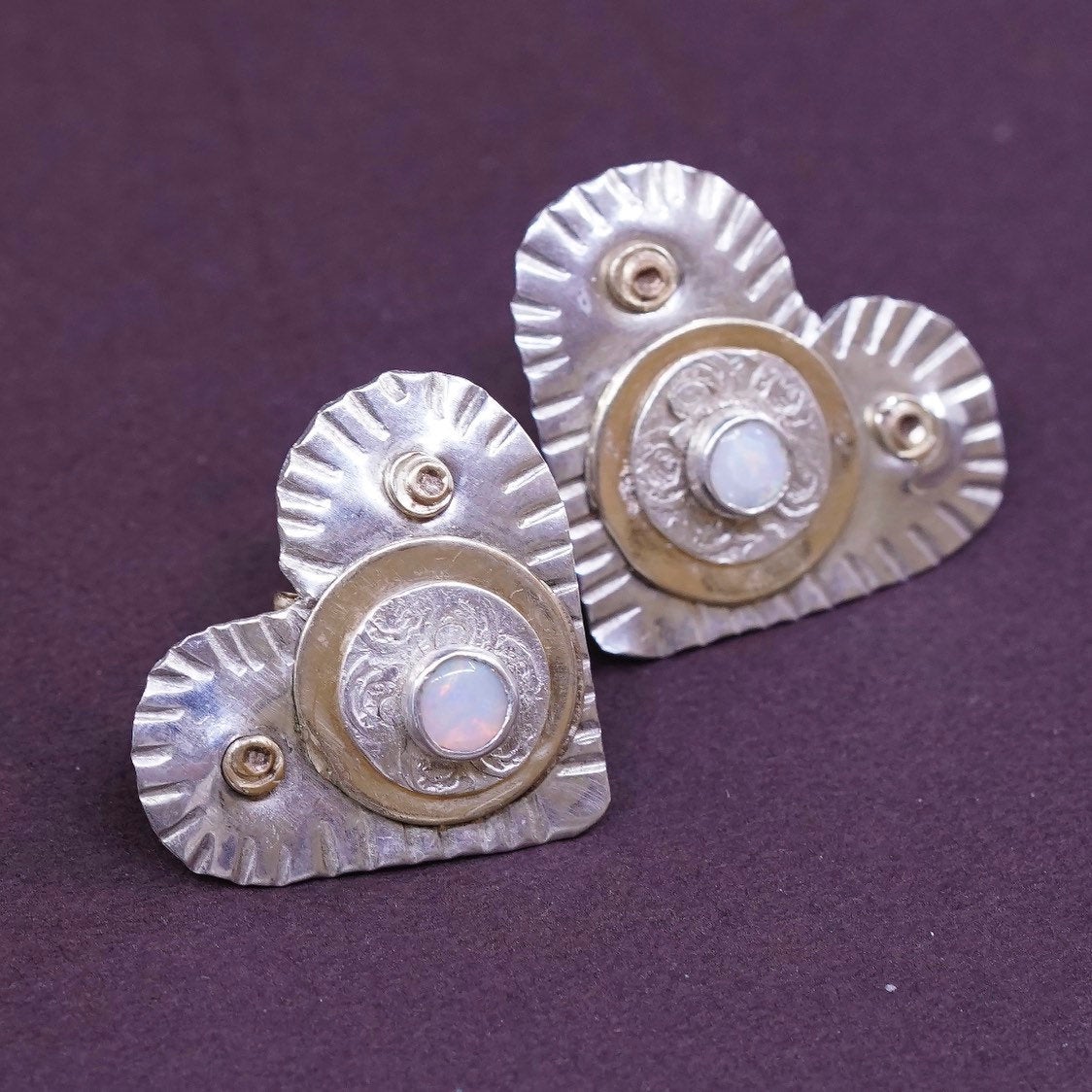 vtg Two Tone Sterling silver handmade earrings, Navajo 925 heart studs w/ opal