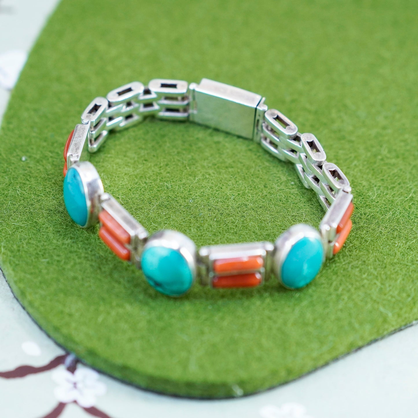 6.25”, southwestern Sterling 925 silver tennis bracelet with turquoise coral