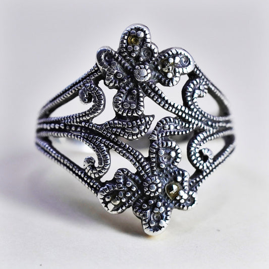 Size 6.5, Vintage Sterling 925 silver handmade flower ring with marcasite