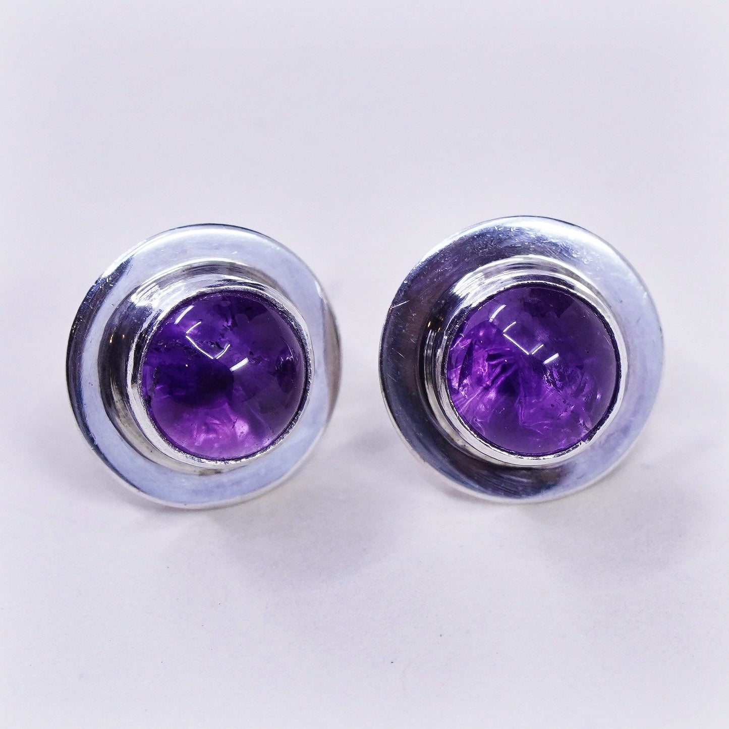 Vintage sterling silver earrings, 925 studs with round amethyst