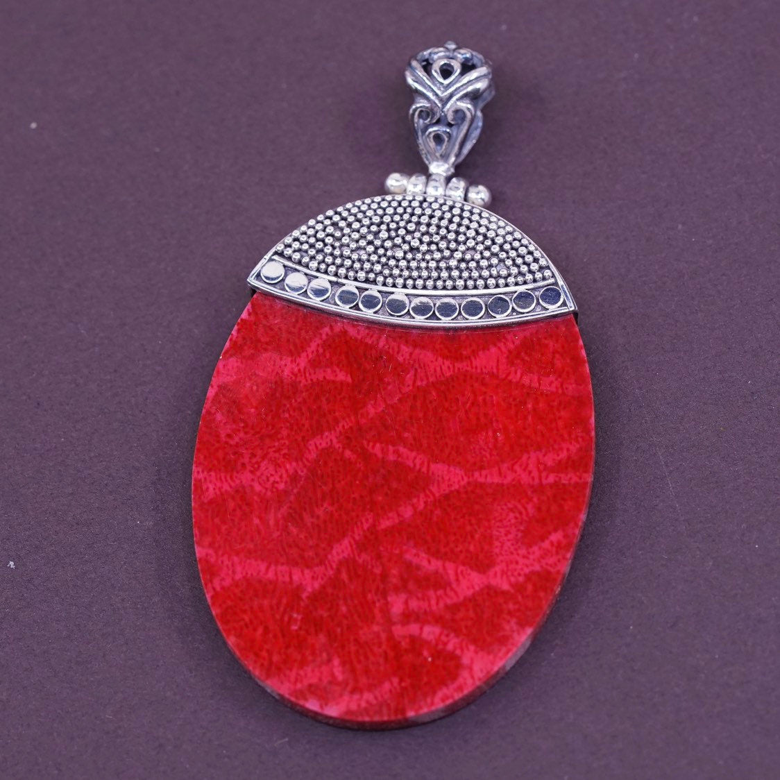 vtg ATI Indonesia Sterling silver handmade pendant, 925 w/ oval red coral