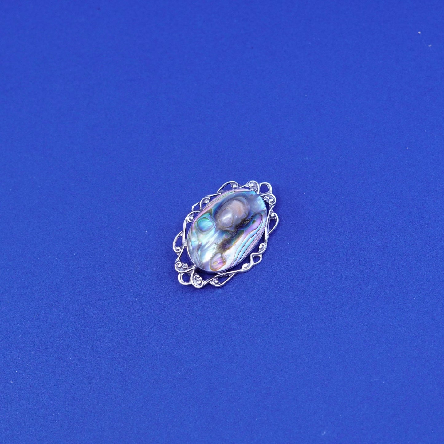 Vintage sterling 925 silver handmade brooch, oval pendant abalone blaster pearl