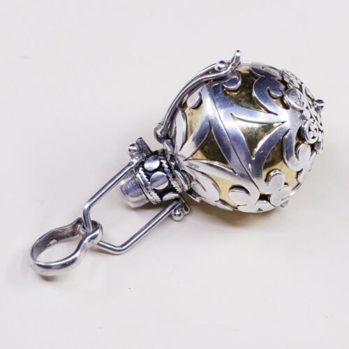 Vtg Two Tone Bali Handmade Sterling 935 Silver Pendant W/ Brass Chime Ball