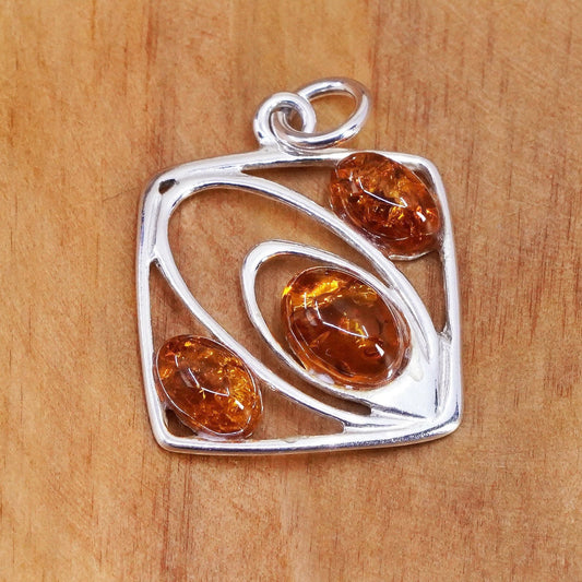 Vintage Sterling 925 silver handmade square charm pendant with Amber