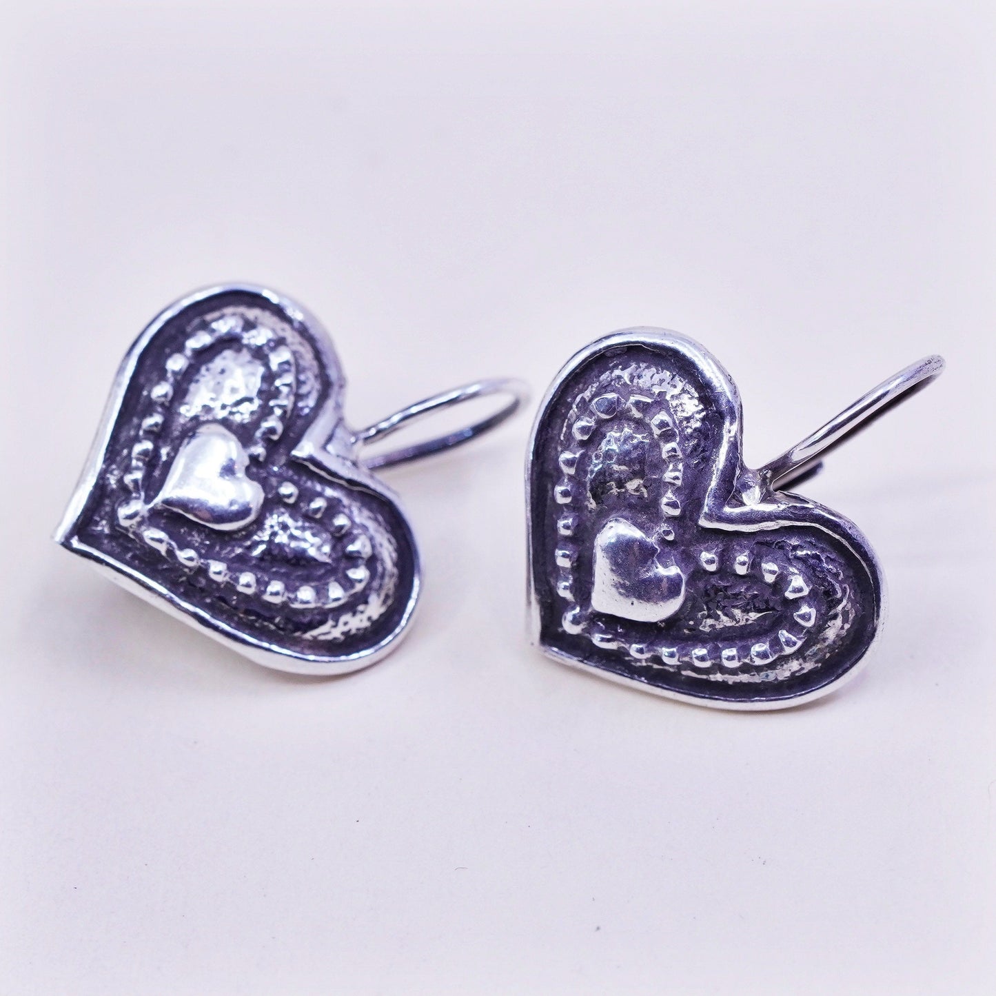 Vintage Israel Sterling silver handmade earrings, Israel 925 heart drops