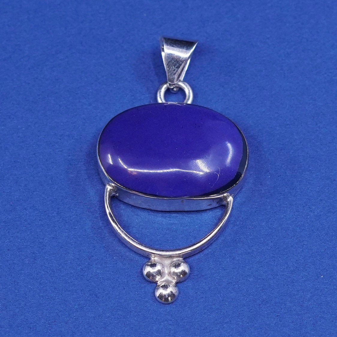 vtg sterling silver handmade pendant, 925 w/ blue onyx, stamped sterling