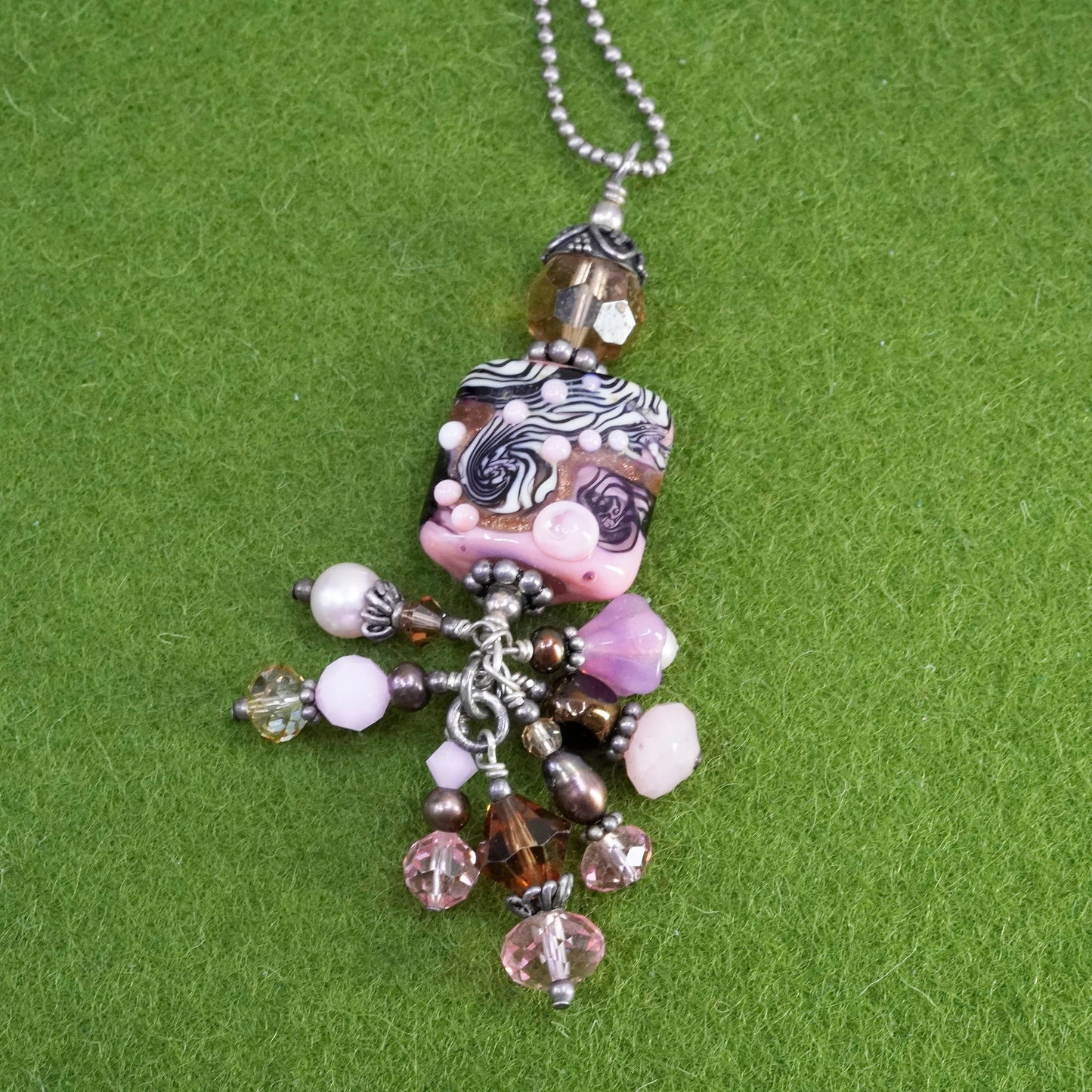 16+2”, sterling silver necklace, 925 bead chain with pink foiled glass Pendant