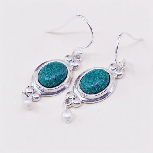 CCO Sterling 925 Silver earrings with oval turquoise inlay and pearl drops