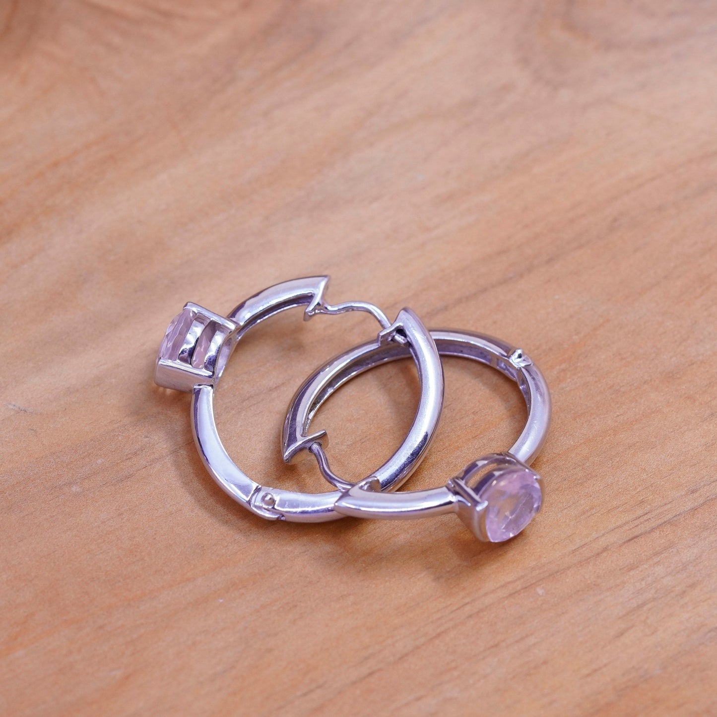 1”, Vintage Sterling silver earrings, 925 hoops with pink quartz