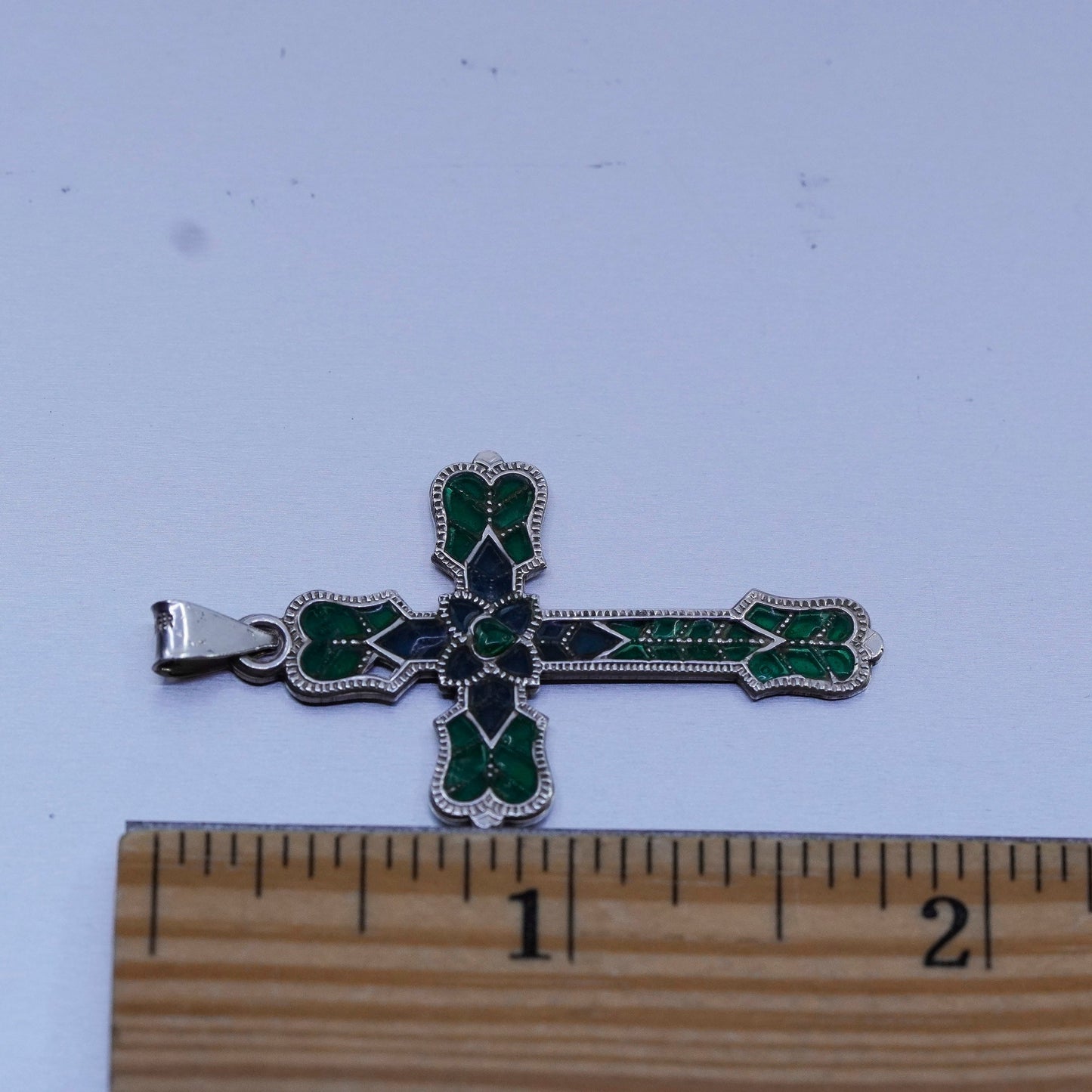 antique sterling 925 silver enamel cross pendant with green enamel