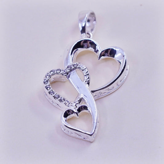 Vintage sterling silver pendant, 925 triple hearts with crystal