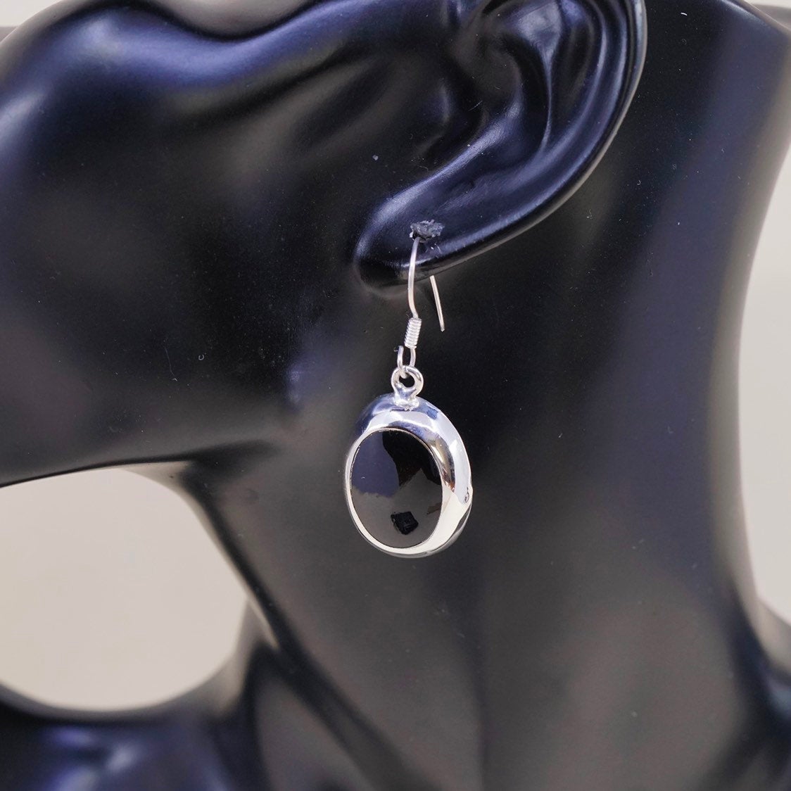 vtg Sterling silver handmade earrings, 925 w/ oval obsidian drops