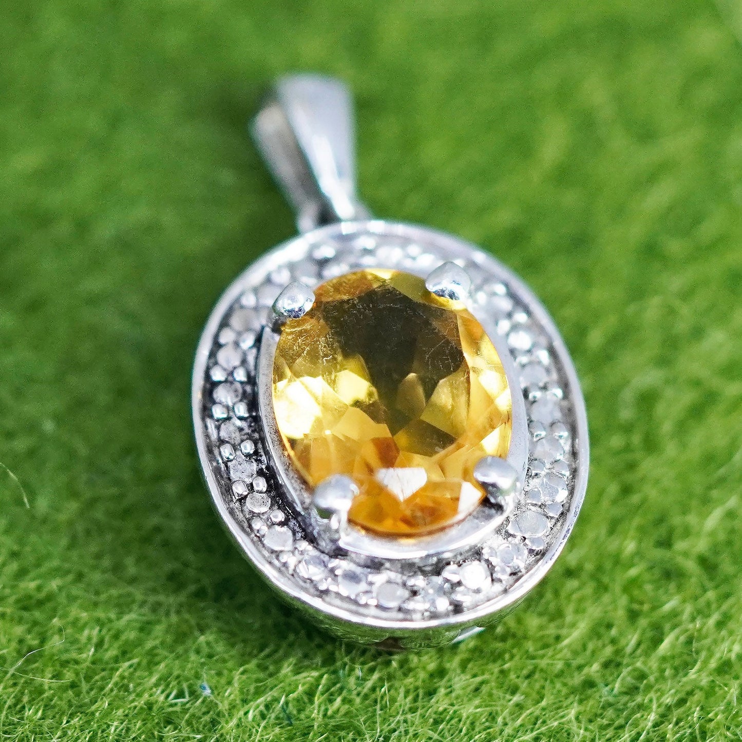 Vintage sterling 925 silver pendant with oval citrine and cluster diamonds