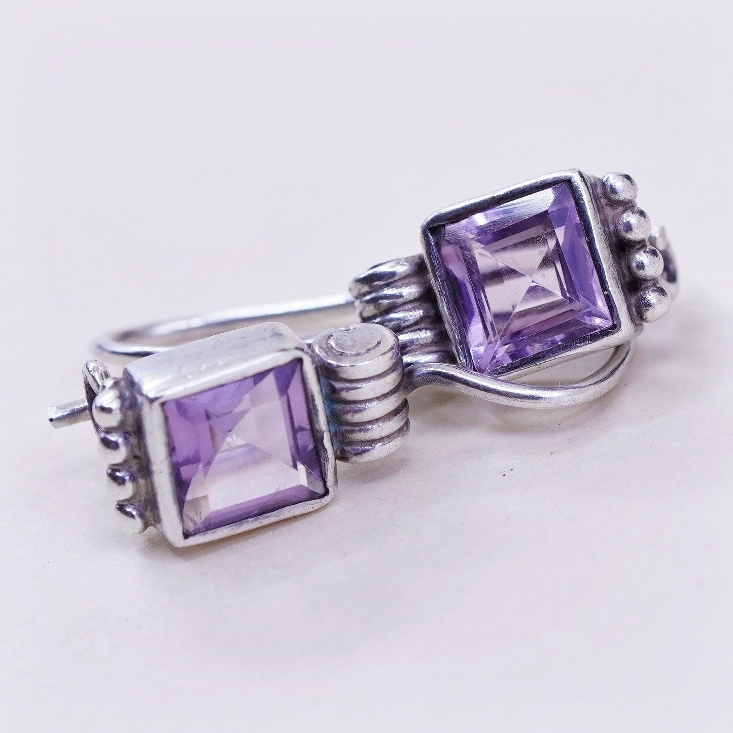 Vintage sterling silver handmade earrings, 925 with square amethyst drops