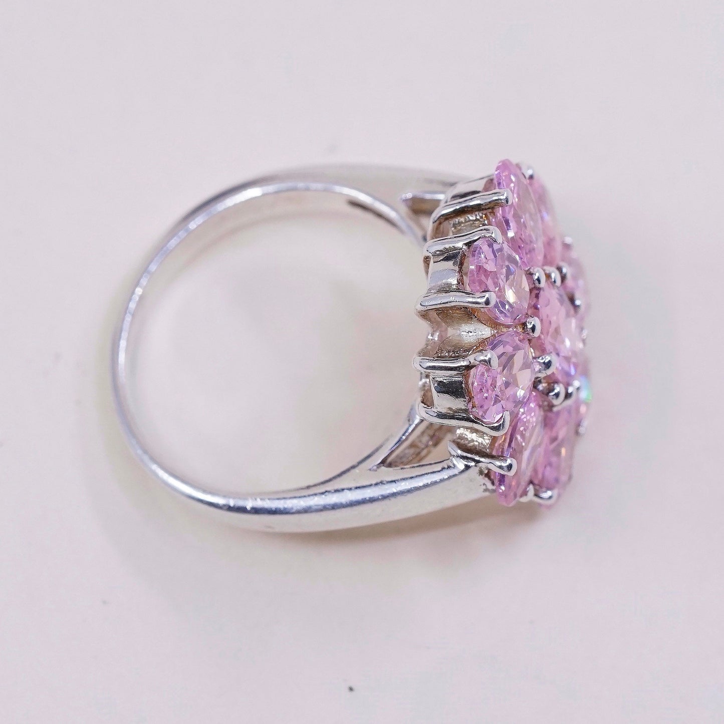 sz 6.5, VTG sterling 925 silver handmade ring with cluster pink crystal flower