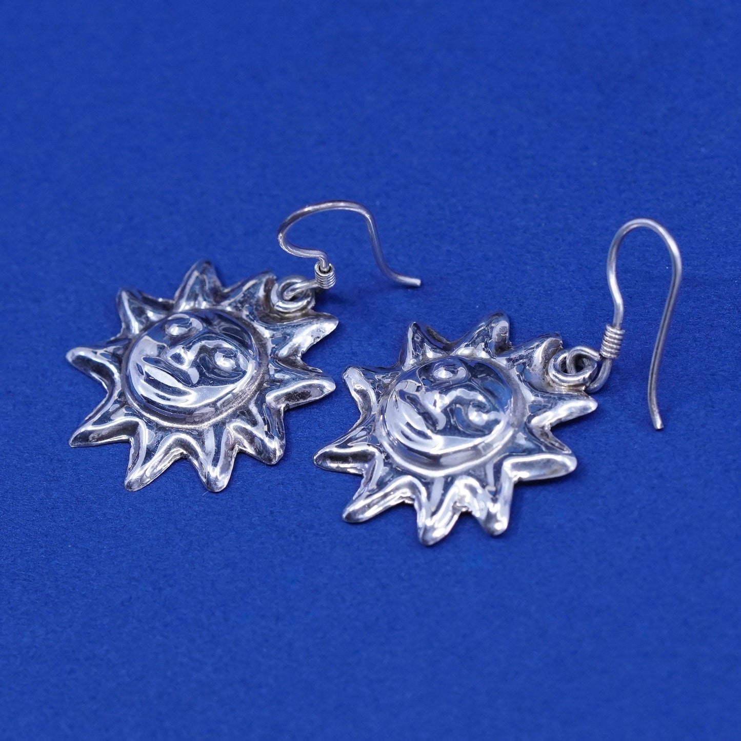 vtg Sterling silver handmade earrings, mexico 925 tag dangles with sun face