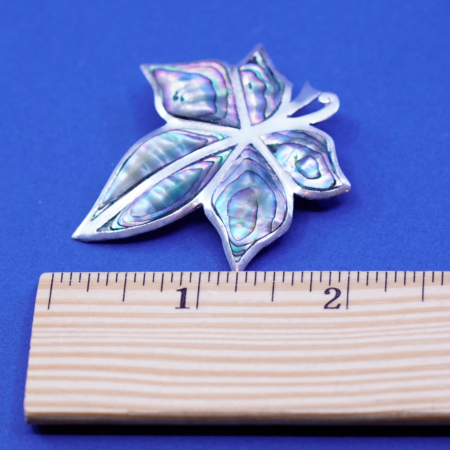 Vintage Taxco Sterling silver handmade brooch, 925 maple leaf pin abalone Inlay